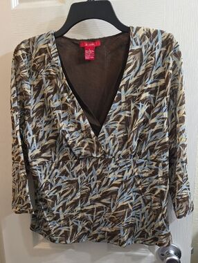 Wrap V-Neck Blouse in Brown and Light Blue by A. Line Size L